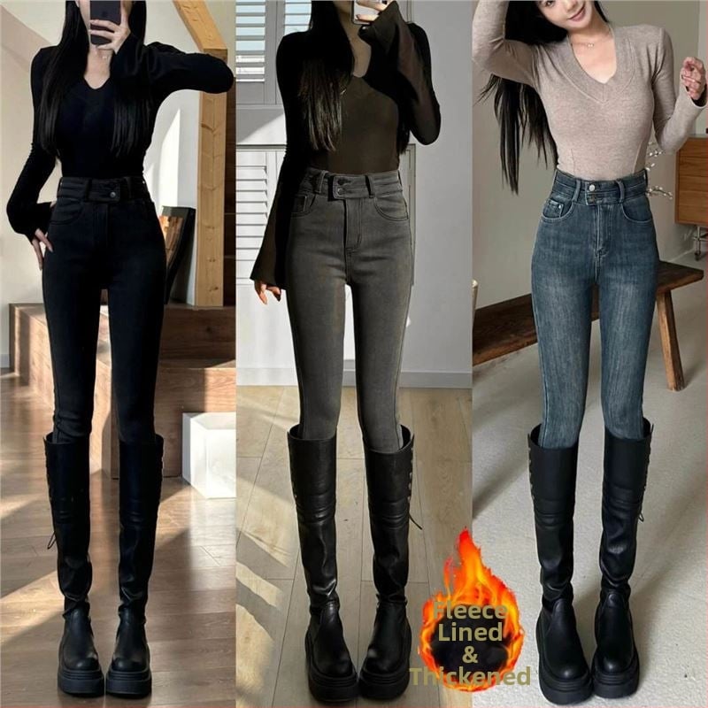 Дънки с висока талия в стил молив, подплатени с флийс за зимата, плътен деним, стегнат силует