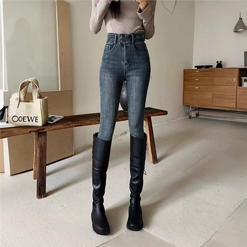 Дънки с висока талия в стил молив, подплатени с флийс за зимата, плътен деним, стегнат силует