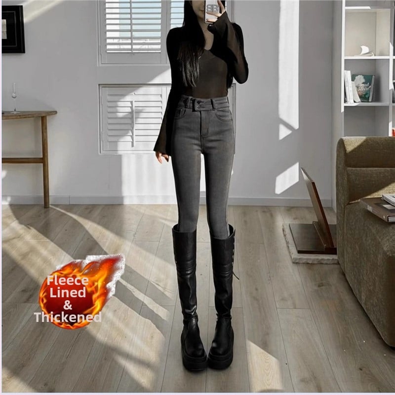 Дънки с висока талия в стил молив, подплатени с флийс за зимата, плътен деним, стегнат силует
