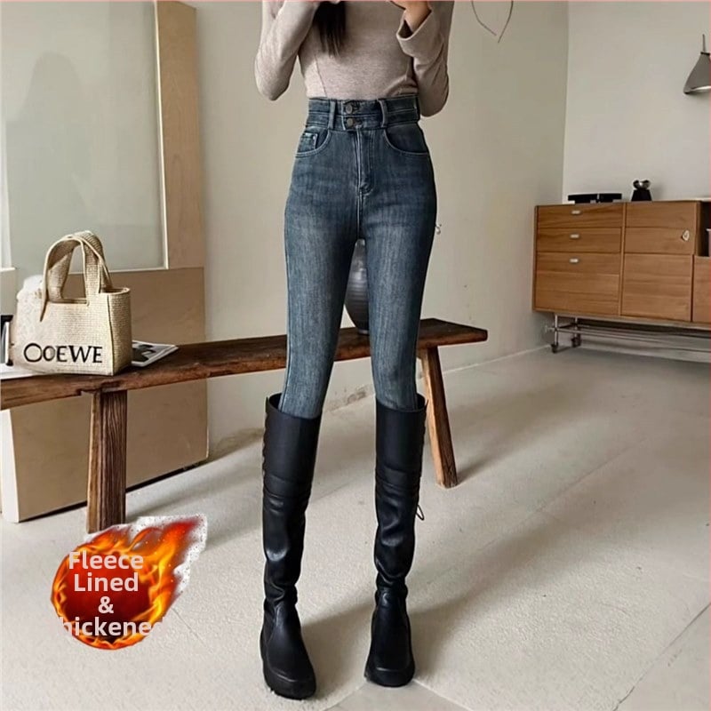 Дънки с висока талия в стил молив, подплатени с флийс за зимата, плътен деним, стегнат силует