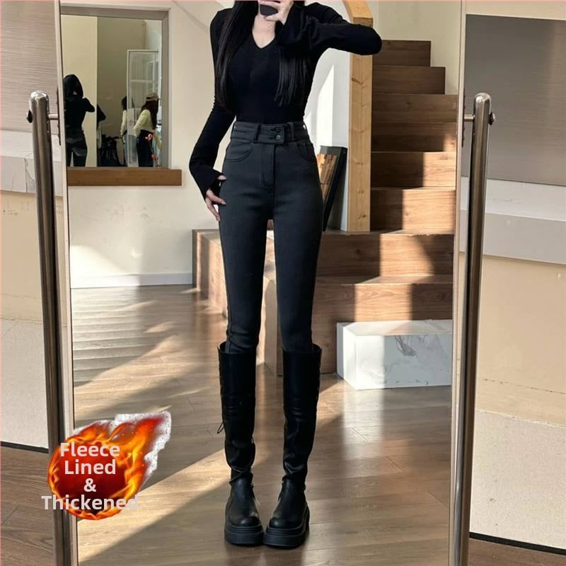 Дънки с висока талия в стил молив, подплатени с флийс за зимата, плътен деним, стегнат силует