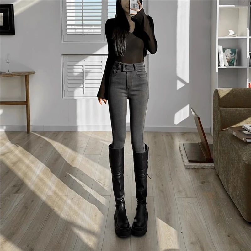 Дънки с висока талия в стил молив, подплатени с флийс за зимата, плътен деним, стегнат силует