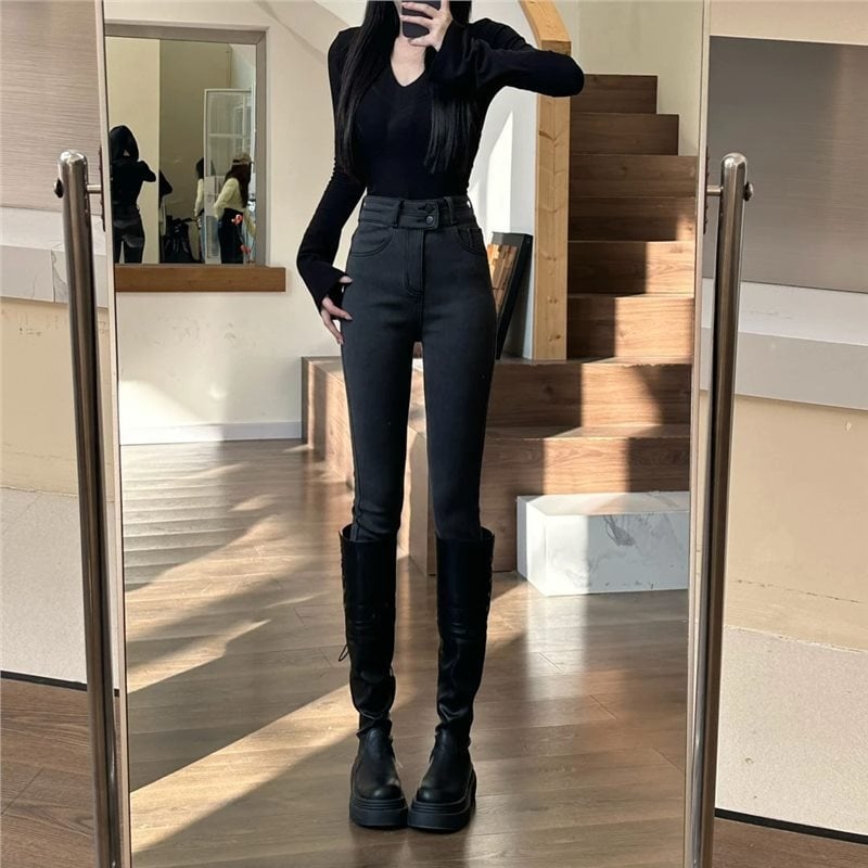 Дънки с висока талия в стил молив, подплатени с флийс за зимата, плътен деним, стегнат силует