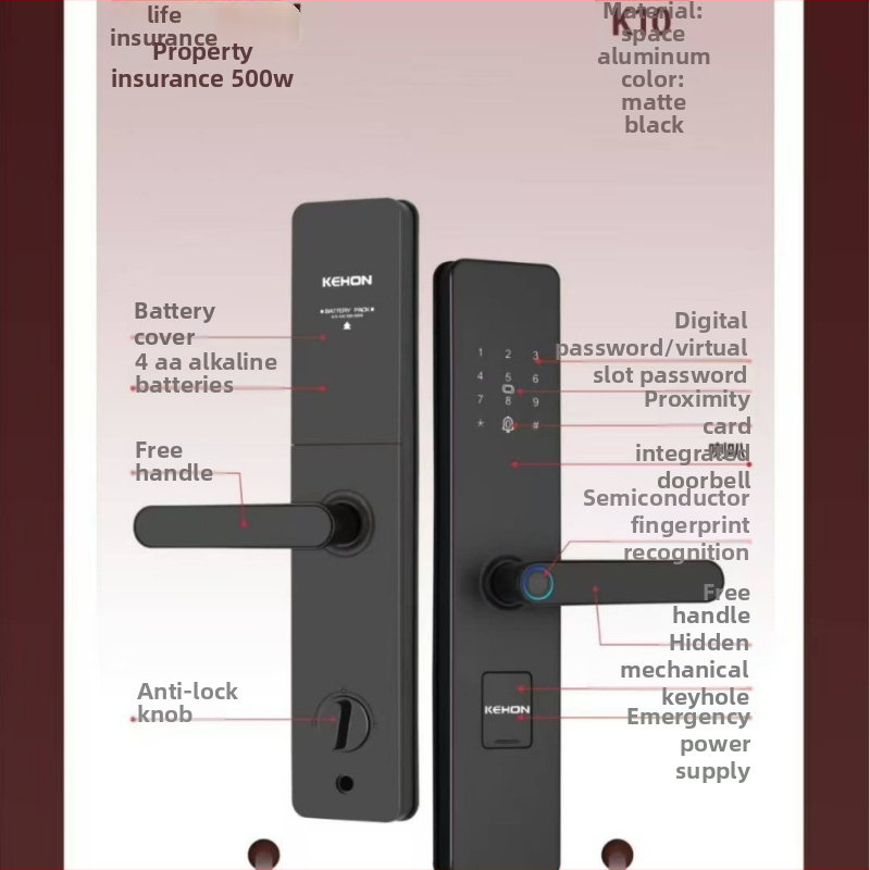 K-10 Okos biometrikus zár ujjlenyomat-olvasóval bejárati ajtókhoz — 50 ujjlenyomat tárolása; szkennelési idő <0.01 s; hamis felismerés <0.01; hamis elutasítás <0.01