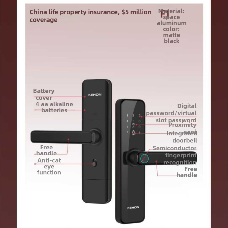 K-10 Okos biometrikus zár ujjlenyomat-olvasóval bejárati ajtókhoz — 50 ujjlenyomat tárolása; szkennelési idő <0.01 s; hamis felismerés <0.01; hamis elutasítás <0.01