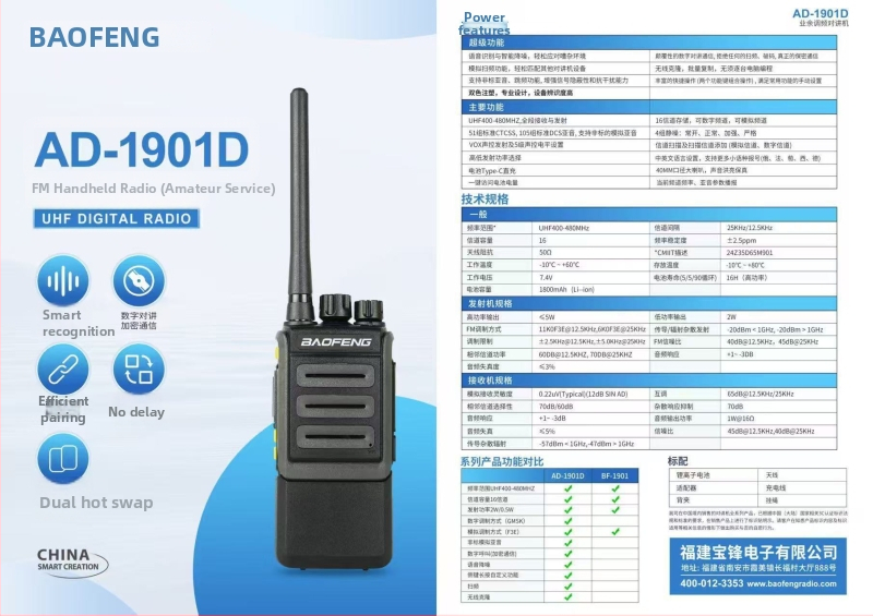 Baofeng ručni radio BF-1904/1909/AD1901D: 430-440 MHz, 5 W, 16 kanala, domet 5-10 km, baterija 4200 mAh