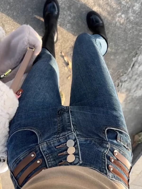 Дамски дънкови джинси с висока талия, тесен силует, микроеластично разтягане, дължина 9/10