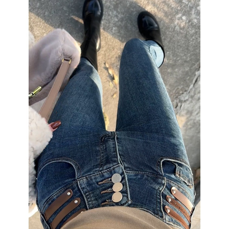 Дамски дънкови джинси с висока талия, тесен силует, микроеластично разтягане, дължина 9/10