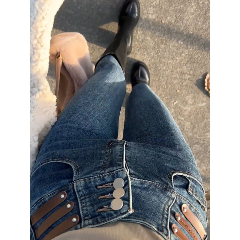 Дамски дънкови джинси с висока талия, тесен силует, микроеластично разтягане, дължина 9/10