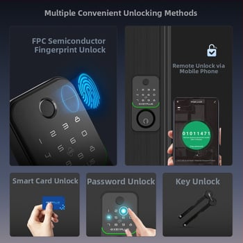 Pametna brava za vrata D1 s Alexa glasovnom upravom, otisak prsta, lozinka, čitač kartica i daljinsko otključavanje — Pohrana otisaka 100, Vrijeme skeniranja 0,1 s, Lažno prepoznavanje 0,01%, Lažno odbacivanje 0,0001%