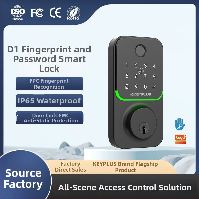 Pametna brava za vrata D1 s Alexa glasovnom upravom, otisak prsta, lozinka, čitač kartica i daljinsko otključavanje — Pohrana otisaka 100, Vrijeme skeniranja 0,1 s, Lažno prepoznavanje 0,01%, Lažno odbacivanje 0,0001%