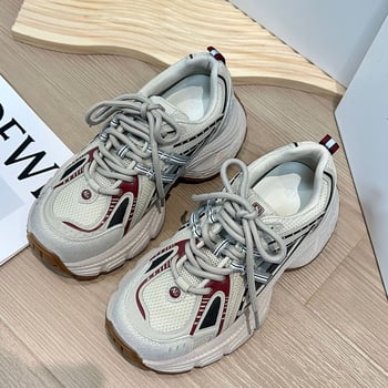 Ženske tenisice u stilu dad sneakers od prave kože, debeli potplat, peta 6–8 cm, vezanje, potplat od gumene pjene, podstava od kože goveđe, uzorak boja blok