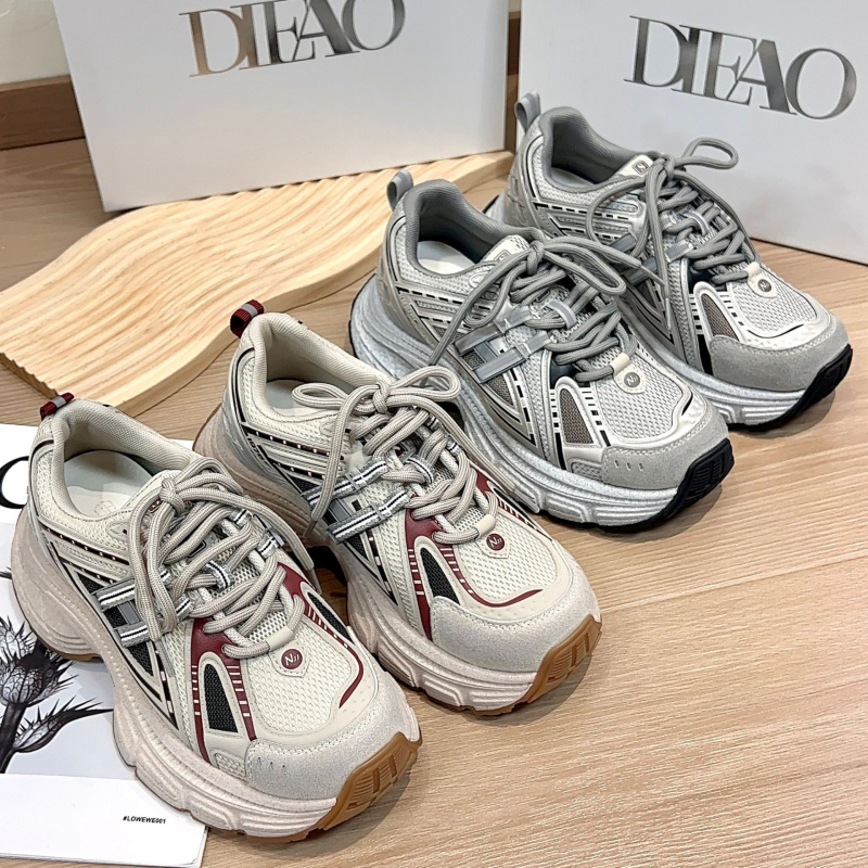 Ženske tenisice u stilu dad sneakers od prave kože, debeli potplat, peta 6–8 cm, vezanje, potplat od gumene pjene, podstava od kože goveđe, uzorak boja blok