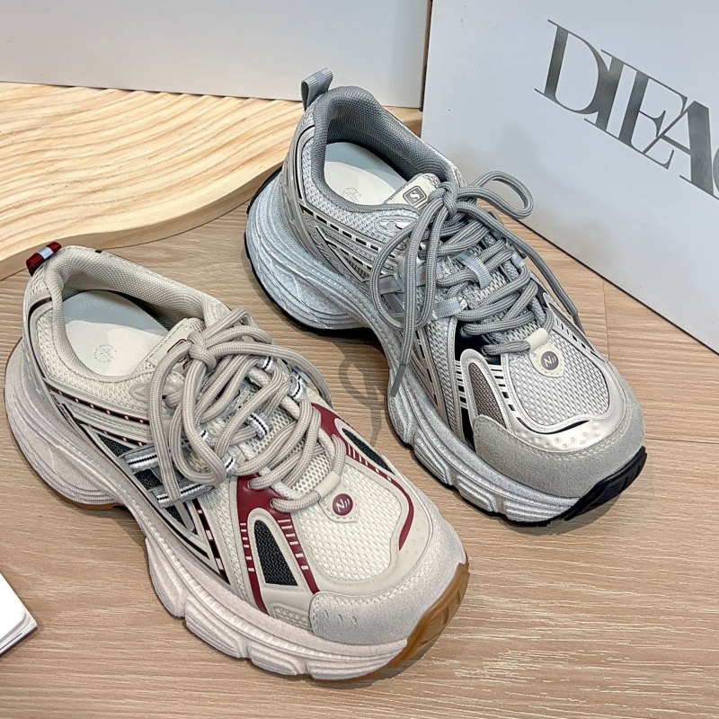 Ženske tenisice u stilu dad sneakers od prave kože, debeli potplat, peta 6–8 cm, vezanje, potplat od gumene pjene, podstava od kože goveđe, uzorak boja blok