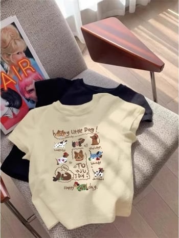 Памучна тениска с къси ръкави, кръгло деколте, принт с аниме карикатура, слим фит