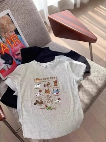 Памучна тениска с къси ръкави, кръгло деколте, принт с аниме карикатура, слим фит