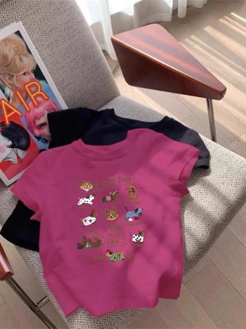 Памучна тениска с къси ръкави, кръгло деколте, принт с аниме карикатура, слим фит