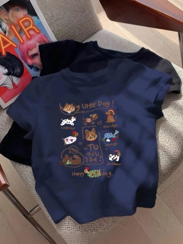 Памучна тениска с къси ръкави, кръгло деколте, принт с аниме карикатура, слим фит