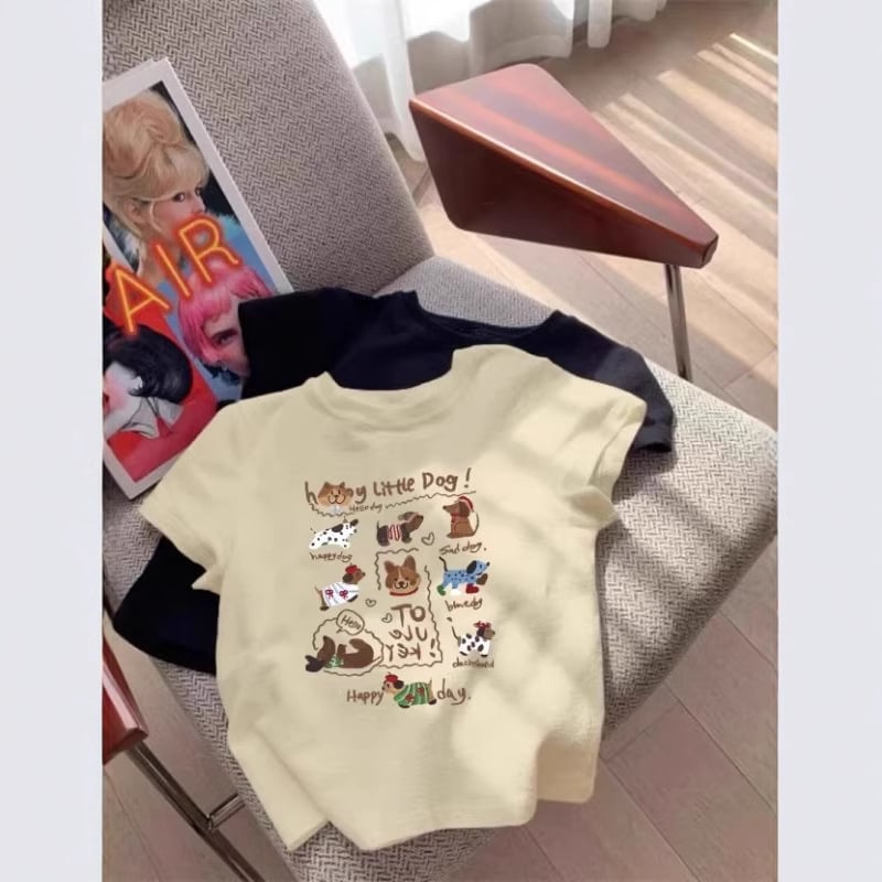 Памучна тениска с къси ръкави, кръгло деколте, принт с аниме карикатура, слим фит