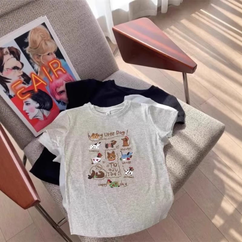 Памучна тениска с къси ръкави, кръгло деколте, принт с аниме карикатура, слим фит