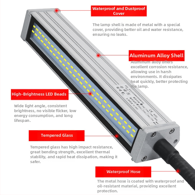 LED pracovné svetlo pre stroje, dlhé rameno, vodotesné, magnetický základ, 220V/24V/36V