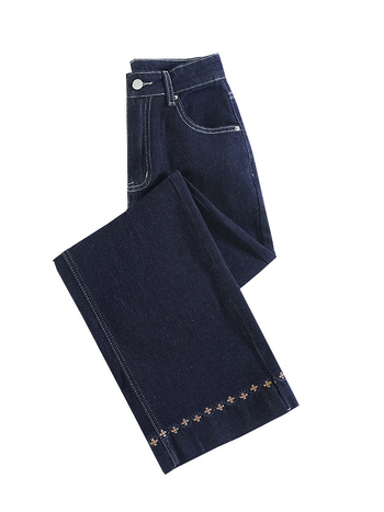 Дънки с бродерия, подплатени с флийс, прав крак, висока талия, деним, зимна колекция 2025