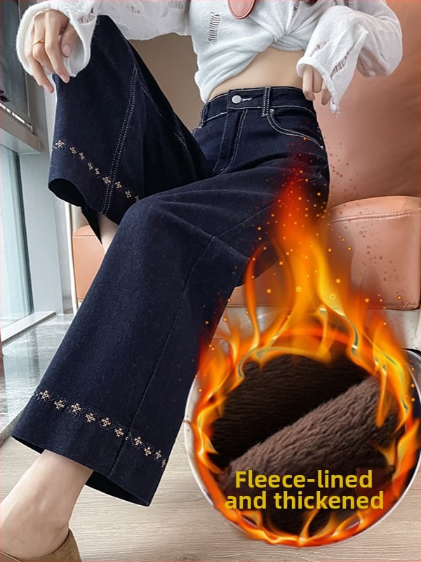 Дънки с бродерия, подплатени с флийс, прав крак, висока талия, деним, зимна колекция 2025