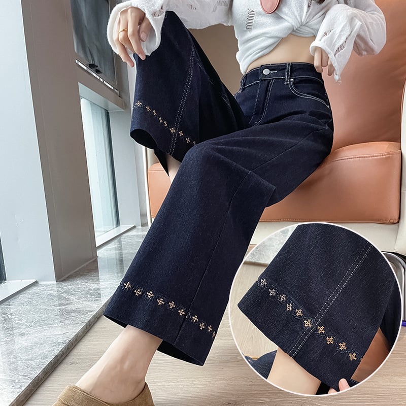 Дънки с бродерия, подплатени с флийс, прав крак, висока талия, деним, зимна колекция 2025