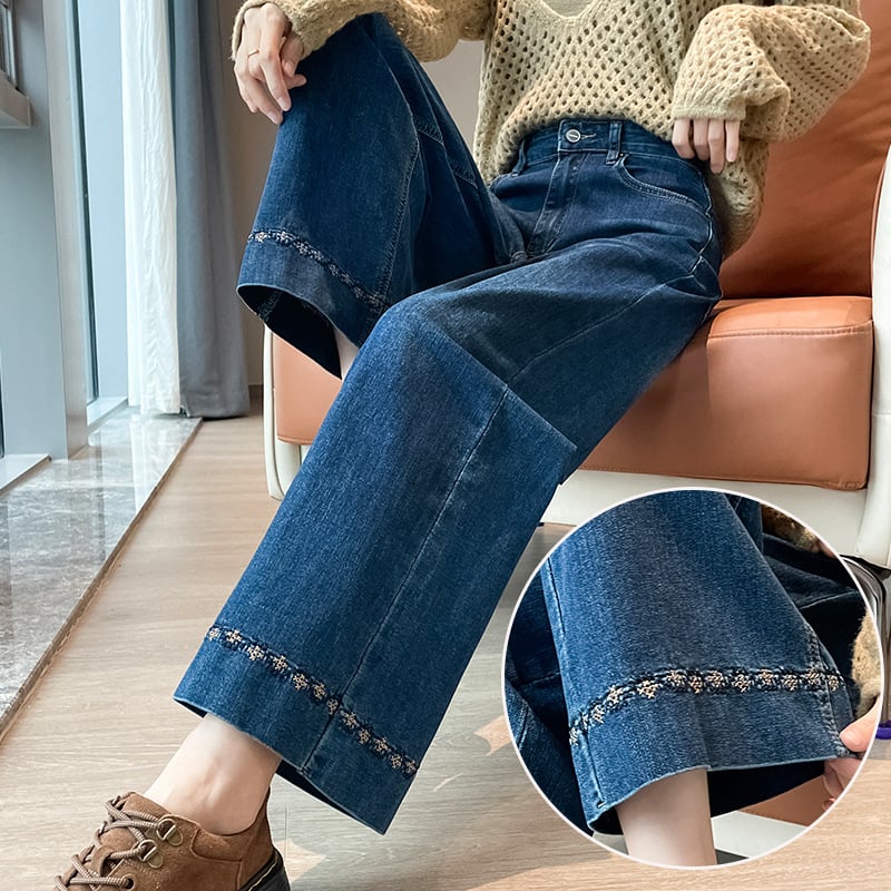 Дънки с бродерия, подплатени с флийс, прав крак, висока талия, деним, зимна колекция 2025