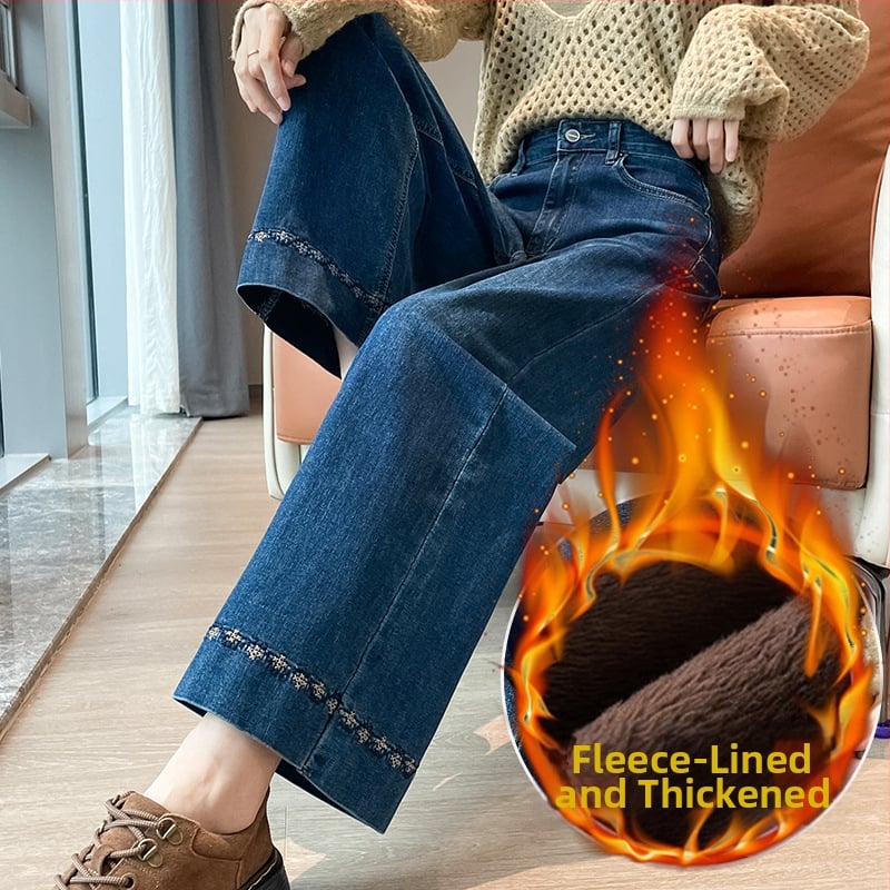 Дънки с бродерия, подплатени с флийс, прав крак, висока талия, деним, зимна колекция 2025