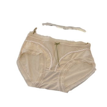 Női hálószövésű alsó középső derekú, lélegző, antibakteriális, nylon anyag, alsó csúcsban mulberry selyem betét, csipkés masni részlettel