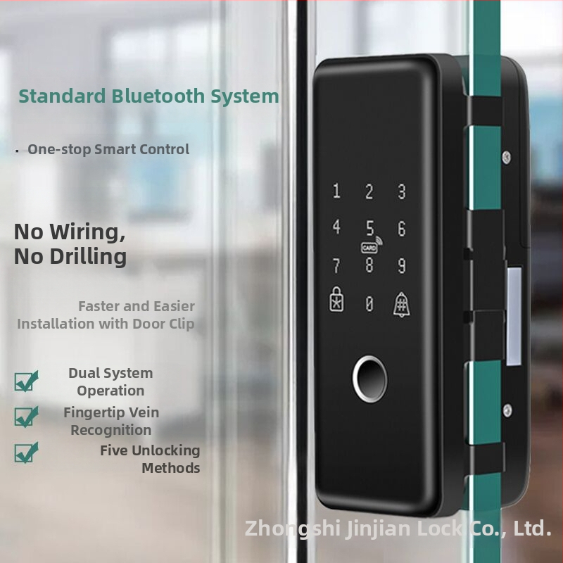 Pametni sigurnosni zaključavanje za dvostruko otvaranje bezokvirnih staklenih vrata u uredu s otiskom prsta, karticom i lozinkom (Model R0958; pohrana otiska: 50; načini otključavanja: otisak prsta, kartica, lozinka; vrijeme skeniranja <2s; napajanje DC)