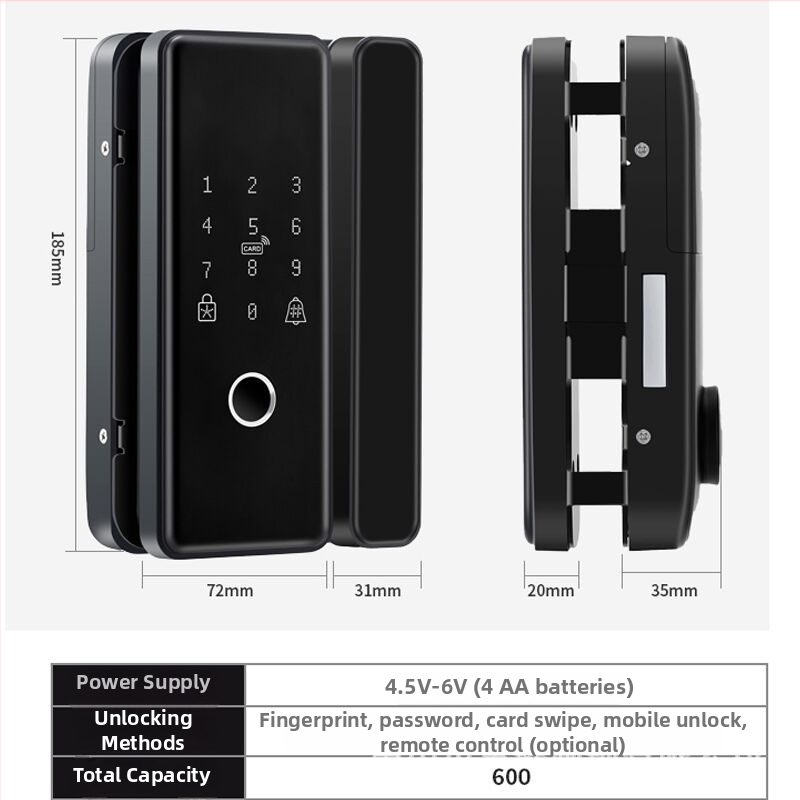 Pametni sigurnosni zaključavanje za dvostruko otvaranje bezokvirnih staklenih vrata u uredu s otiskom prsta, karticom i lozinkom (Model R0958; pohrana otiska: 50; načini otključavanja: otisak prsta, kartica, lozinka; vrijeme skeniranja <2s; napajanje DC)