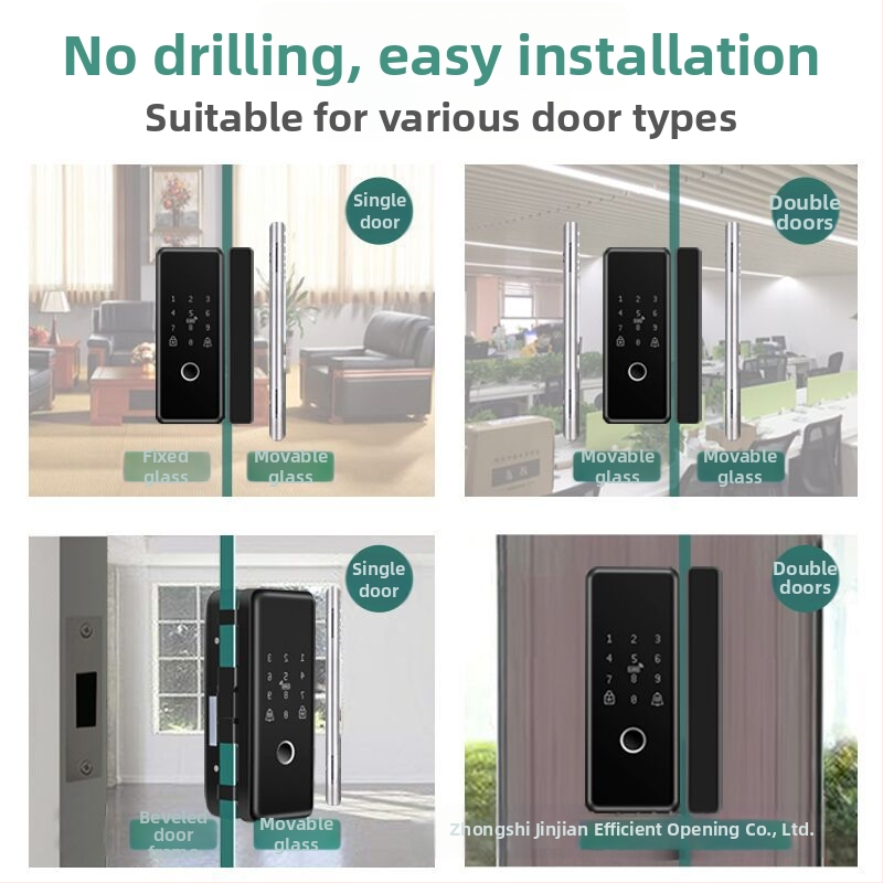 Pametni sigurnosni zaključavanje za dvostruko otvaranje bezokvirnih staklenih vrata u uredu s otiskom prsta, karticom i lozinkom (Model R0958; pohrana otiska: 50; načini otključavanja: otisak prsta, kartica, lozinka; vrijeme skeniranja <2s; napajanje DC)