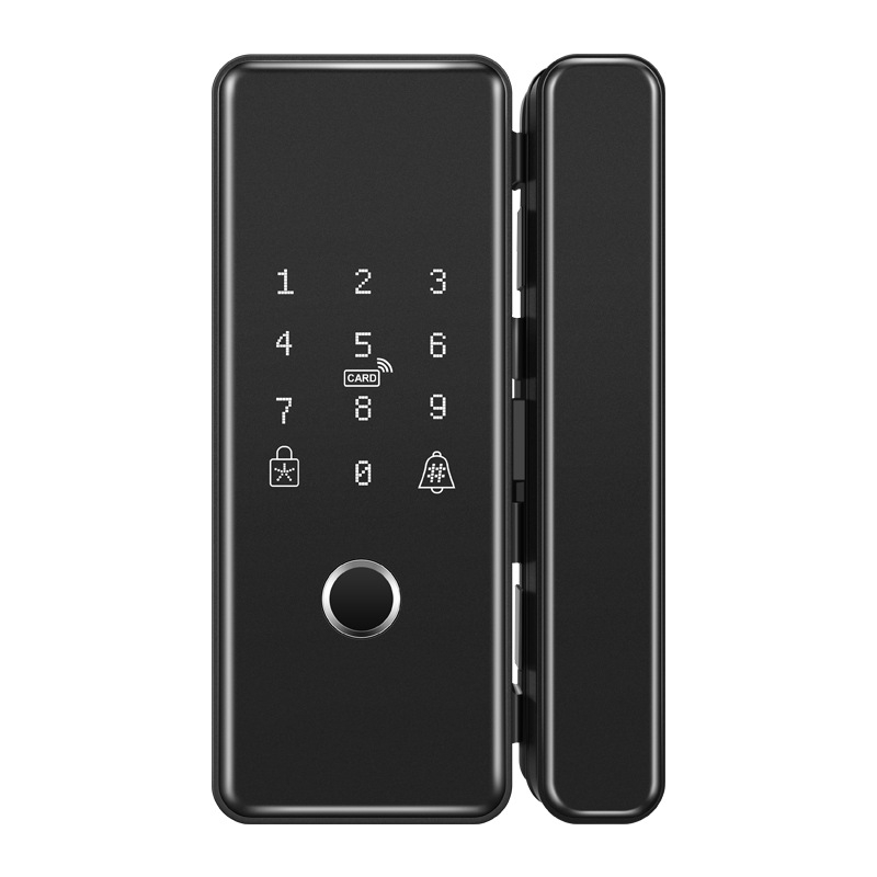 Pametni sigurnosni zaključavanje za dvostruko otvaranje bezokvirnih staklenih vrata u uredu s otiskom prsta, karticom i lozinkom (Model R0958; pohrana otiska: 50; načini otključavanja: otisak prsta, kartica, lozinka; vrijeme skeniranja <2s; napajanje DC)