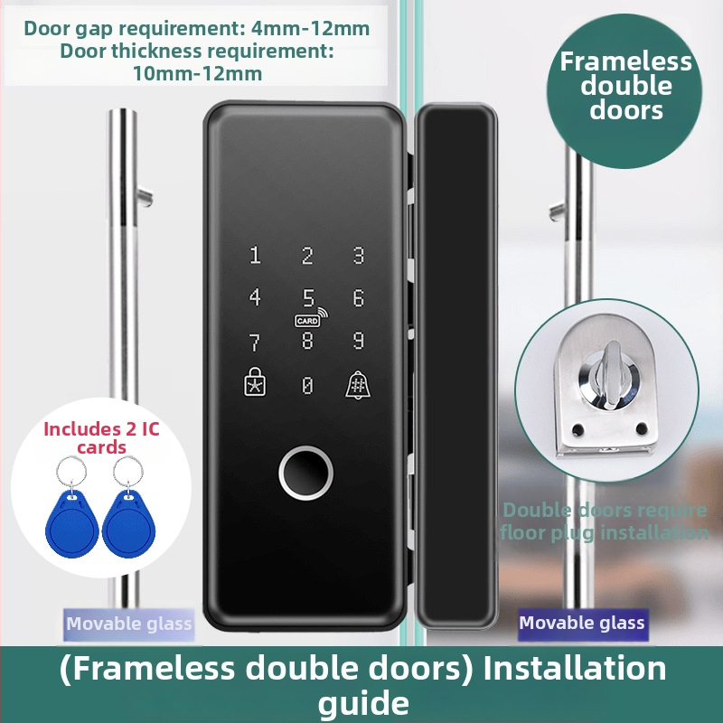 Pametni sigurnosni zaključavanje za dvostruko otvaranje bezokvirnih staklenih vrata u uredu s otiskom prsta, karticom i lozinkom (Model R0958; pohrana otiska: 50; načini otključavanja: otisak prsta, kartica, lozinka; vrijeme skeniranja <2s; napajanje DC)