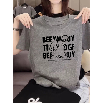 Тениска от Mulberry silk, къси ръкави, кръгло деколте, свободен силует, принт с карикатура, дължина 50-65 см, пролет 2025