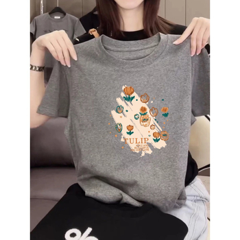 Тениска от Mulberry silk, къси ръкави, кръгло деколте, свободен силует, принт с карикатура, дължина 50-65 см, пролет 2025