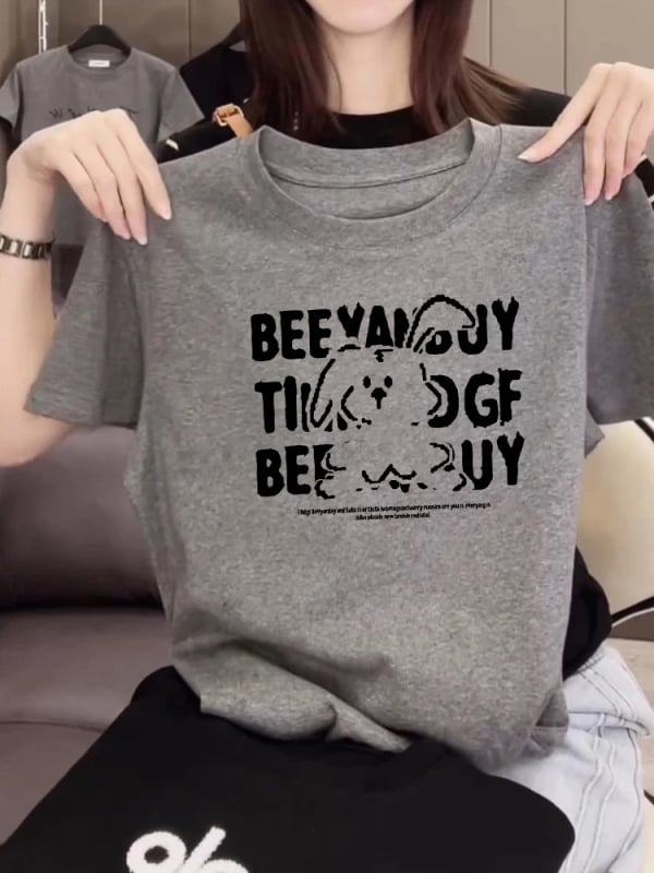 Тениска от Mulberry silk, къси ръкави, кръгло деколте, свободен силует, принт с карикатура, дължина 50-65 см, пролет 2025