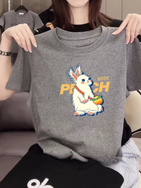 Тениска от Mulberry silk, къси ръкави, кръгло деколте, свободен силует, принт с карикатура, дължина 50-65 см, пролет 2025