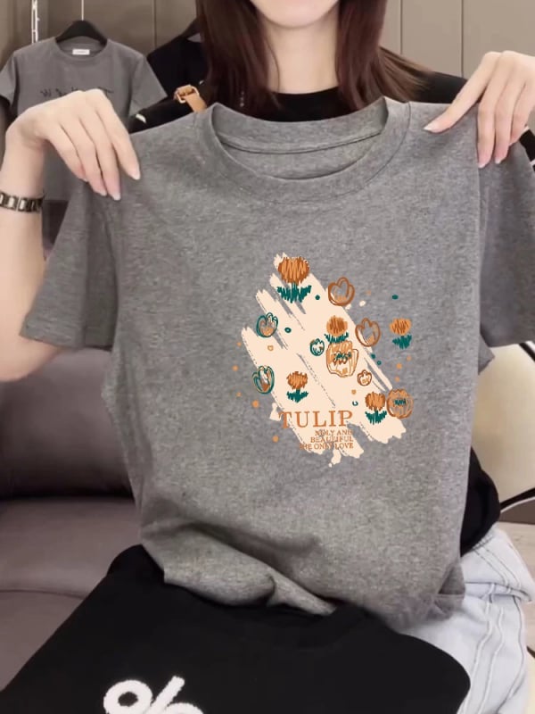 Тениска от Mulberry silk, къси ръкави, кръгло деколте, свободен силует, принт с карикатура, дължина 50-65 см, пролет 2025