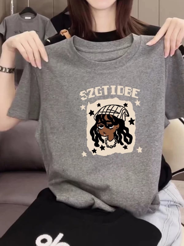 Тениска от Mulberry silk, къси ръкави, кръгло деколте, свободен силует, принт с карикатура, дължина 50-65 см, пролет 2025