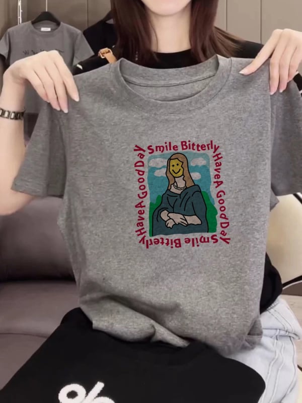 Тениска от Mulberry silk, къси ръкави, кръгло деколте, свободен силует, принт с карикатура, дължина 50-65 см, пролет 2025