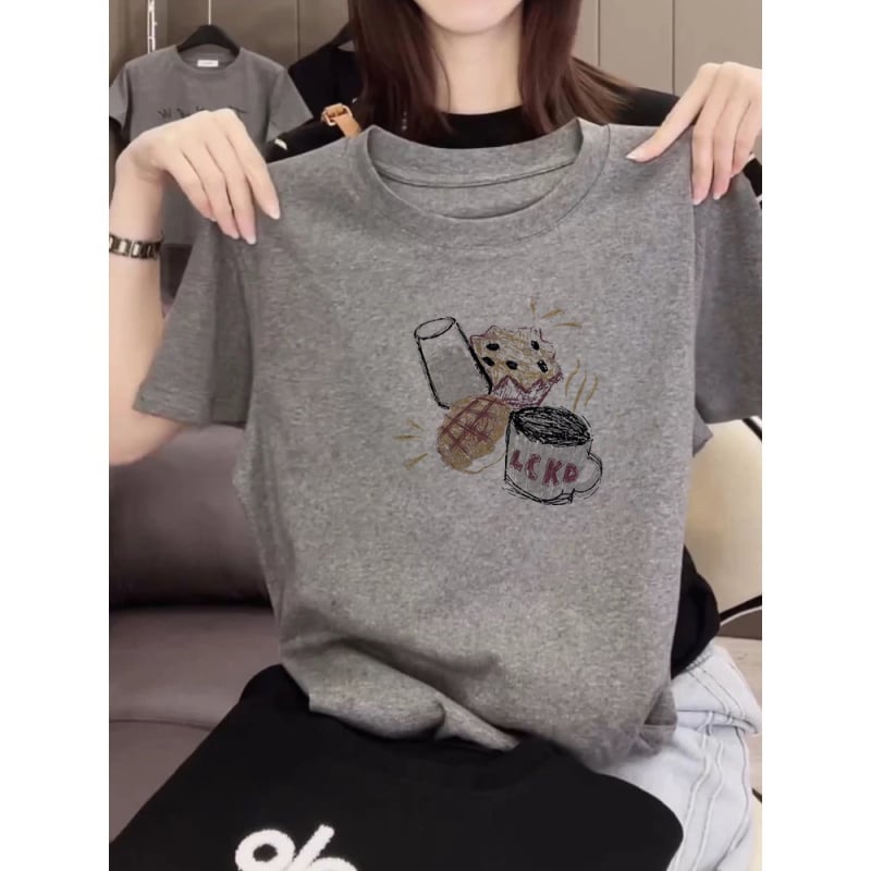 Тениска от Mulberry silk, къси ръкави, кръгло деколте, свободен силует, принт с карикатура, дължина 50-65 см, пролет 2025