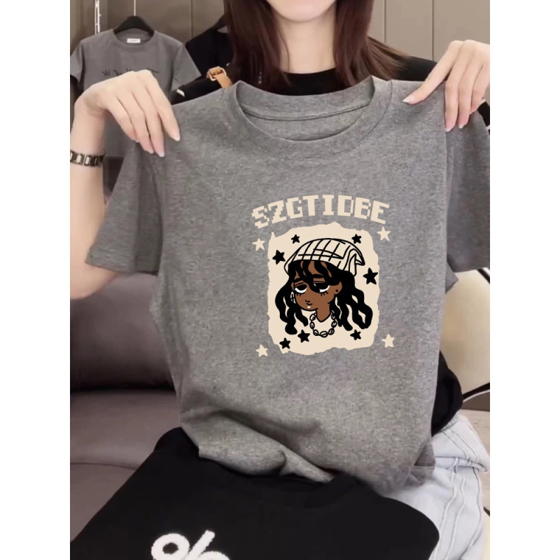 Тениска от Mulberry silk, къси ръкави, кръгло деколте, свободен силует, принт с карикатура, дължина 50-65 см, пролет 2025