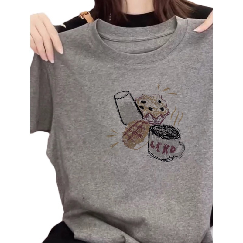 Тениска от Mulberry silk, къси ръкави, кръгло деколте, свободен силует, принт с карикатура, дължина 50-65 см, пролет 2025