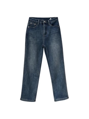 Дамски дънки с подплата от флис, прав силует, висока талия, деним памук-еластан, дължина девет десети