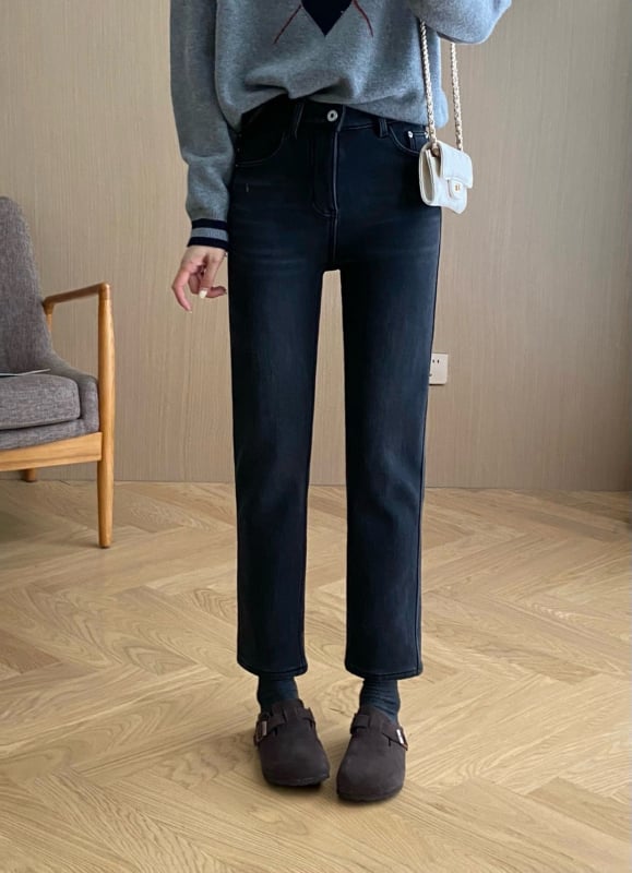 Дамски дънки с подплата от флис, прав силует, висока талия, деним памук-еластан, дължина девет десети