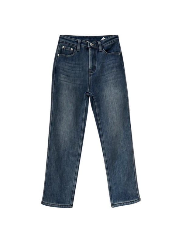 Дамски дънки с подплата от флис, прав силует, висока талия, деним памук-еластан, дължина девет десети