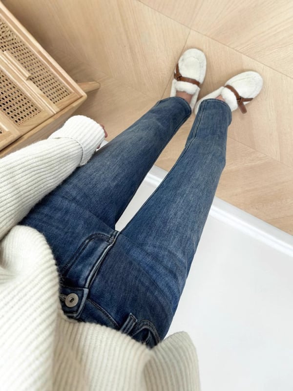 Дамски дънки с подплата от флис, прав силует, висока талия, деним памук-еластан, дължина девет десети